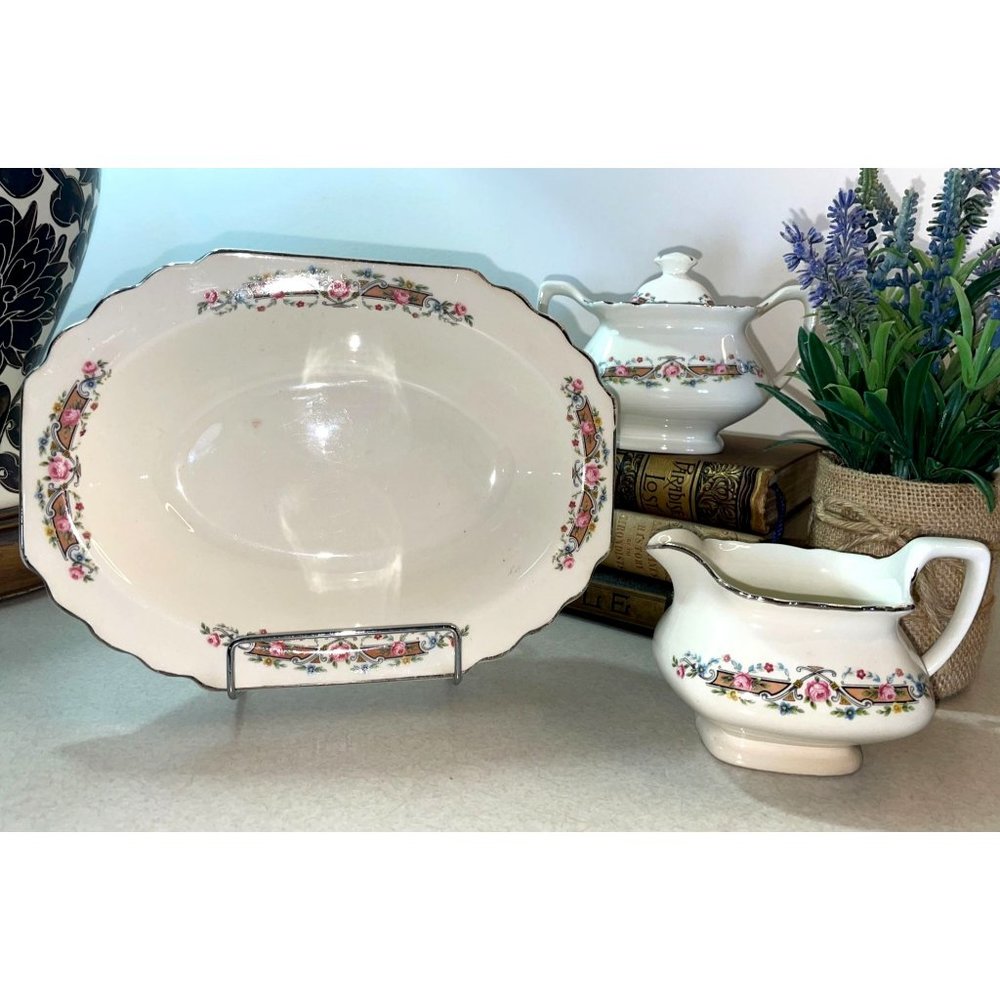 Vintage WS George LIDO CREAMER Covered Sugar Bowl SERVING Bowl SET Made in USA